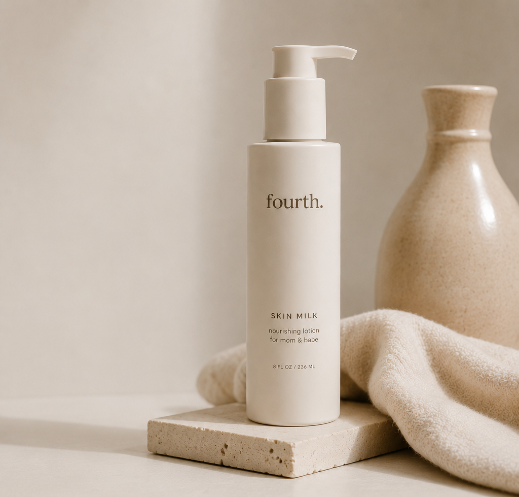 Two-panel skincare advertisement for Fourth. The top panel shows a white pump bottle labeled 'fourth.